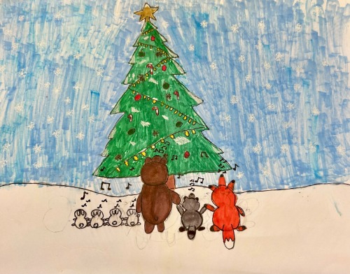 Children's drawing of a christmas tree with a bear, racoon, and fox facing the tree singing. 