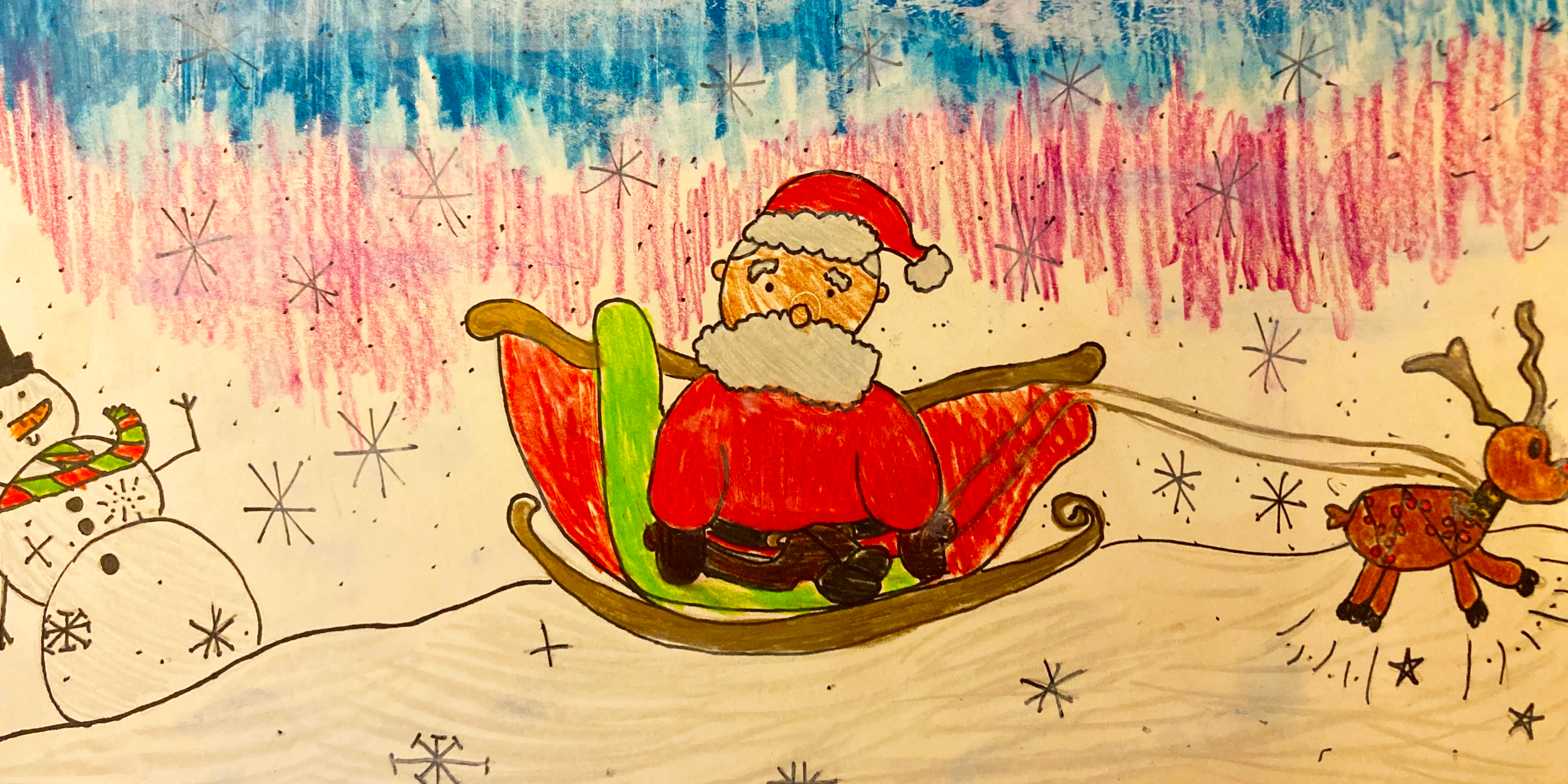 Childrens drawing of Santa being pulled in his sleigh by a reindeer with a snowman behind him. 