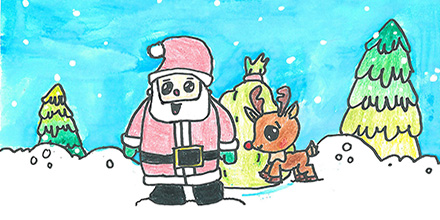 A drawing of santa claus with a reindeer and trees behind him.